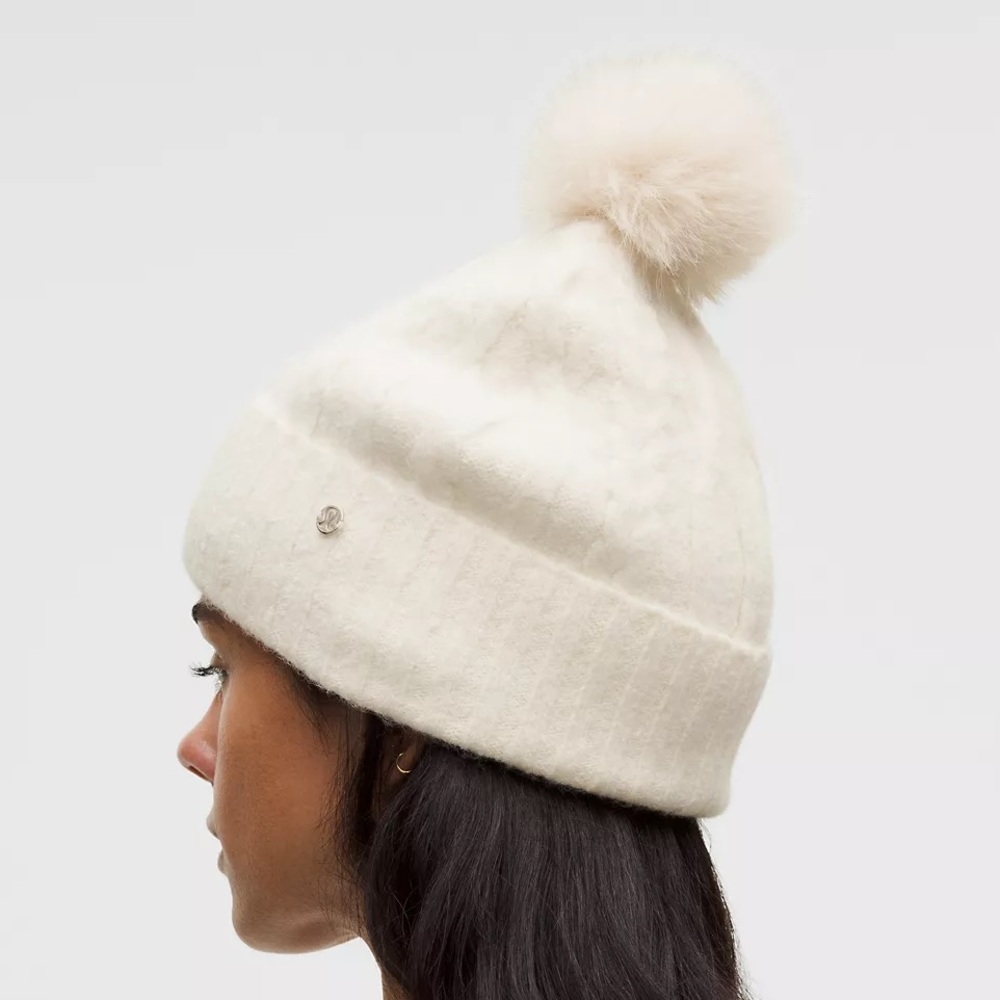 New Lululemon Women's Alpaca Wool-Blend Cable-Knit Pom Beanie Light Ivory